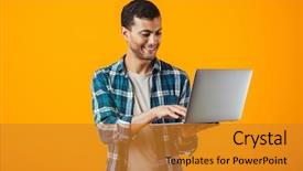  Presentation with role play woman and man - Colorful slide deck enhanced with shirt standing isolated over orange backdrop and a gold colored foreground