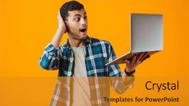  Presentation with role play woman and man - Beautiful slide deck featuring shirt standing isolated over orange backdrop and a  colored foreground