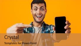  Presentation with cheerful - Presentation design featuring cheerful young man wearing plaid background and a  colored foreground