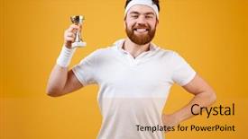  Presentation with happy image - Beautiful slide deck featuring shirt standing isolated over yellow backdrop and a gold colored foreground