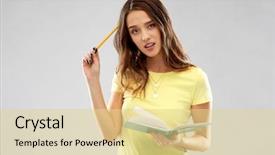  Presentation with teenage girl - Cool new PPT layouts with shirt with diary or notebook backdrop and a blonde colored foreground