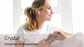  Presentation with mobile home - Slide deck featuring portrait of caucasian girl 20s in casual t-shirt with earpod using mobile phone while sitting on couch in bright room at home background and a mint green colored foreground