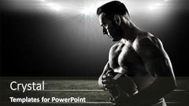  Presentation with football goal post american field - Amazing PPT theme having shirtless american football player with ball against spotlight backdrop and a dark gray colored foreground