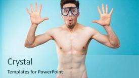  Presentation with special education young adult man - Presentation theme having shirtless man in swim mask background and a sky blue colored foreground