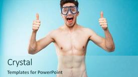  Presentation with one young man exercising handball - Presentation theme enhanced with shirtless man in swim mask background and a sky blue colored foreground