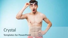  Presentation with greeiting show man - Presentation design with shirtless man in swimming short background and a sky blue colored foreground