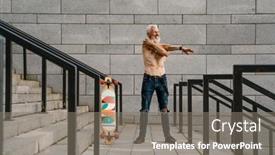 Presentation with stairs - Theme consisting of shirtless-mature-man-doing-warmup background and a gray colored foreground