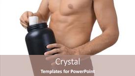  Presentation with protein - Colorful slide set enhanced with shirtless young man holding black jar with protein powder on white background backdrop and a coral colored foreground