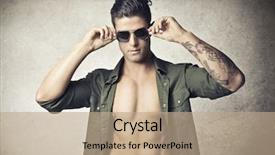  Presentation with young man on the phone - Presentation theme having shirtless young man with opened background and a coral colored foreground