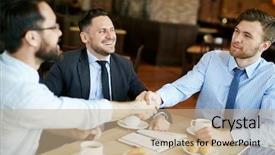  Presentation with shaking hands - Beautiful slides featuring two formally dressed pleased businessmen backdrop and a coral colored foreground