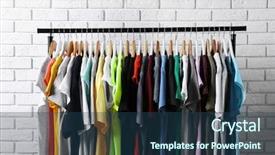  Presentation with t shirts production - Presentation theme having shirts on hangers against brick background and a ocean colored foreground