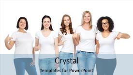  Presentation with diverse people - Theme featuring shirts pointing finger to themselves background and a light blue colored foreground