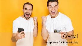  Presentation with friends - Amazing slide deck having two cheerful excited men friends backdrop and a yellow colored foreground