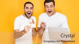  Presentation with credit card - Slide deck having two cheerful excited men friends wearing blank t-shirts standing isolated over yellow background using laptop computer celebrating success showing plastic credit card background and a coral colored foreground