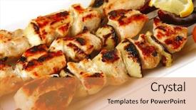  Presentation with kebab - PPT layouts with shish kebab on white platter with vegetables background and a gold colored foreground