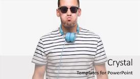  Presentation with face expression recognition - Slide set with boccaccio - handsome young man wearing headphones background and a light gray colored foreground