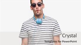 Presentation with headphones - Amazing presentation design having silly music - handsome young man wearing headphones backdrop and a light gray colored foreground