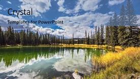  Presentation with autumn wood - Theme consisting of shoaled round lake in autumn wood autumn day in jasper national park in the rockies of canada background and a teal colored foreground