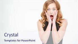  Presentation with camera - PPT theme enhanced with shock - amazed woman looking at camera background and a sky blue colored foreground