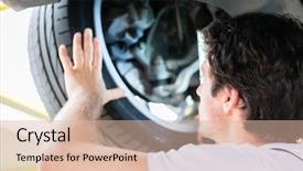  Presentation with shock absorber - Presentation theme enhanced with shock absorber - mechanic working in car workshop background and a lemonade colored foreground