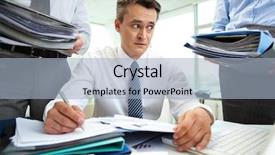  Presentation with financial reports - Beautiful presentation theme featuring shocked accountant looking at huge piles of documents while doing financial reports backdrop and a light blue colored foreground