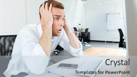 Presentation with workplace - Presentation theme having shocked amazed young businessman using computer at workplace background and a light blue colored foreground