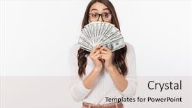  Presentation with asian foods - Beautiful presentation design featuring shocked asian businesswoman showing money backdrop and a soft green colored foreground