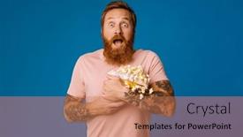  Presentation with popcorn - Presentation design having shocked-bearded-man-holding-bucket background and a coral colored foreground