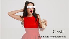  Presentation with movie popcorn - Cool new presentation theme with shocked-beautiful-girl-in-3d backdrop and a light gray colored foreground