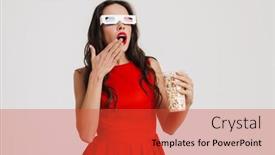  Presentation with popcorn movie - Beautiful PPT theme featuring shocked-beautiful-girl-in-3d backdrop and a red colored foreground
