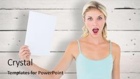  Presentation with white sheet - Cool new presentation with shocked blonde holding a sheet of paper against white wood backdrop and a lemonade colored foreground