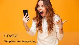  Presentation with woman outlaw - Presentation theme having shocked brunette woman in sweater background and a yellow colored foreground