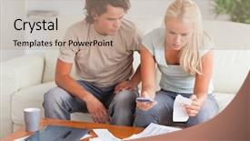  Presentation with community living - Audience pleasing PPT theme consisting of shocked couple calculating their expenses backdrop and a  colored foreground