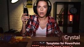  Presentation with hipster girl playing tetris game - Slides featuring shooter - shocked girl gamer sitting background and a wine colored foreground