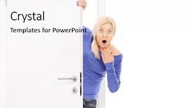  Presentation with white clay tiled roof - Audience pleasing PPT theme consisting of shocked girl walking into a room isolated on white background backdrop and a white colored foreground