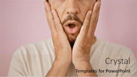  Presentation with beard - PPT theme having shocked-hispanic-man-with-beard and a coral colored foreground