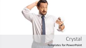  Presentation with head - PPT theme featuring shocked-man-with-a-bill and a light gray colored foreground