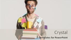  Presentation with stack books - PPT theme consisting of shocked-nerdy-man-holding-stack background and a soft green colored foreground