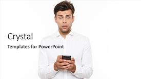  Presentation with text message - Slides featuring shocked outraged man short dark hair chatting typing text message using cell phone isolated white background background and a white colored foreground