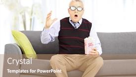  Presentation with movie popcorn - Colorful presentation theme enhanced with shocked senior man with popcorn box sitting on a sofa and watching movie at home backdrop and a coral colored foreground
