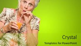  Presentation with orange juice - Audience pleasing presentation design consisting of shocked senior woman drinking orange juice isolated on green background backdrop and a gold colored foreground