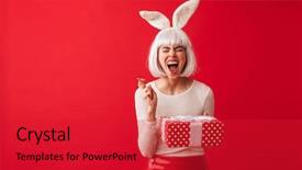  Presentation with environmental awareness gif image - Amazing slide deck having shocked woman dressed in carnival backdrop and a  colored foreground