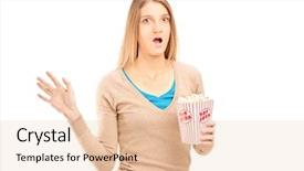  Presentation with popcorn - Slides enhanced with shocked woman holding a box of popcorn isolated on white background background and a lemonade colored foreground