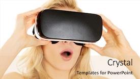  Presentation with virtual reality - Audience pleasing presentation design consisting of shocked woman wearing virtual reality backdrop and a coral colored foreground