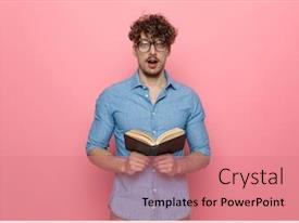 Shocked Young Casual Guy Reading PPT template 50 | CrystalGraphics