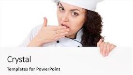  Presentation with signboard - Colorful slide deck enhanced with shocked young woman cook or baker holding a blank signboard isolated on white background backdrop and a white colored foreground