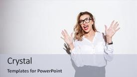  Presentation with woman hands raised to sky - Amazing slides having shocked young woman in eyeglasses backdrop and a  colored foreground
