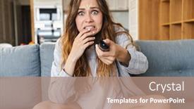  Presentation with remote - Presentation theme featuring shocked-young-woman-relaxing background and a coral colored foreground