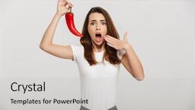  Presentation with pepper - PPT layouts consisting of shocked young woman tasted chili background and a light gray colored foreground