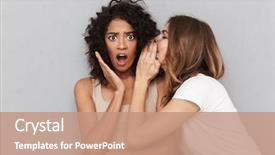  Presentation with full length portrait two men women brown sweater - Presentation consisting of shocked young women sharing secret background and a coral colored foreground